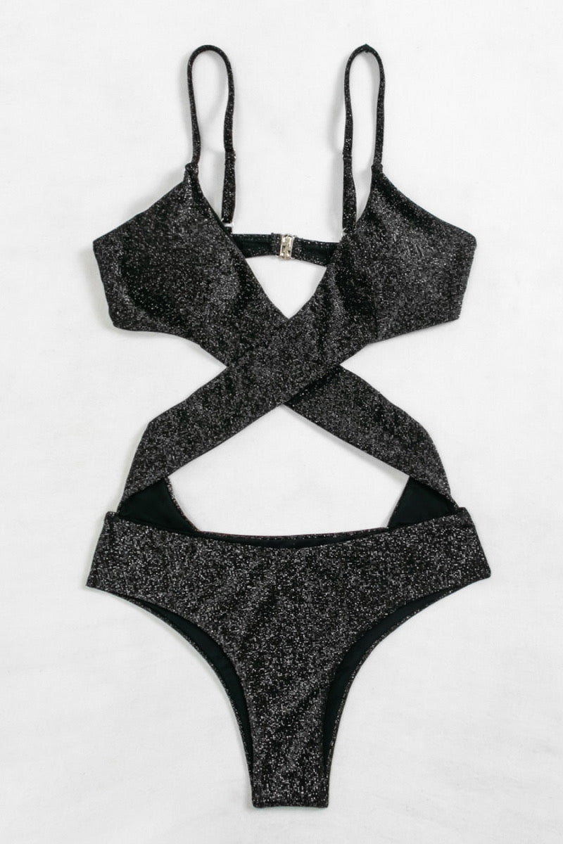 Sultry Black Glittery Criss Cross Cutout One Piece