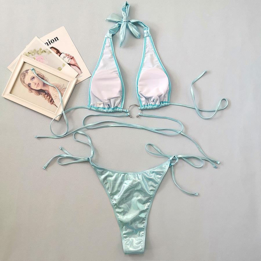 Holographic padded halter-neck self-tie ring linked bikini