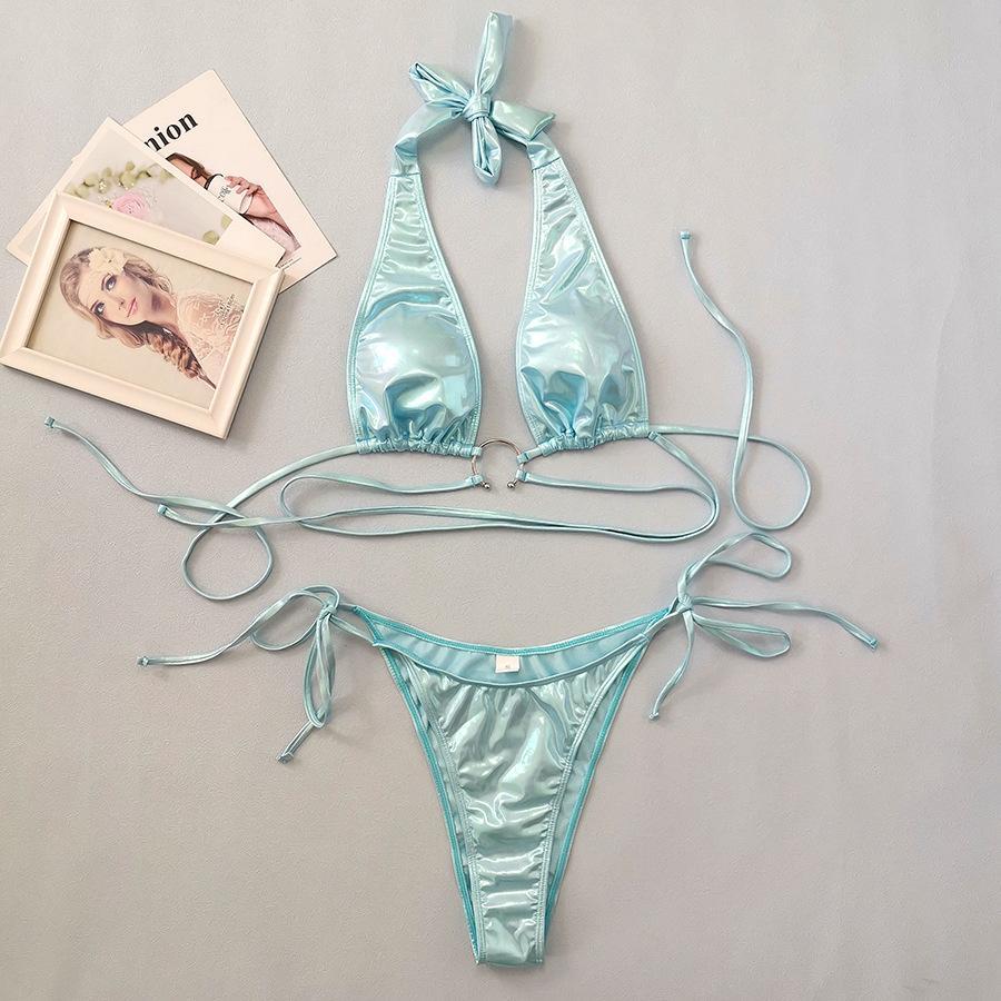 Holographic padded halter-neck self-tie ring linked bikini