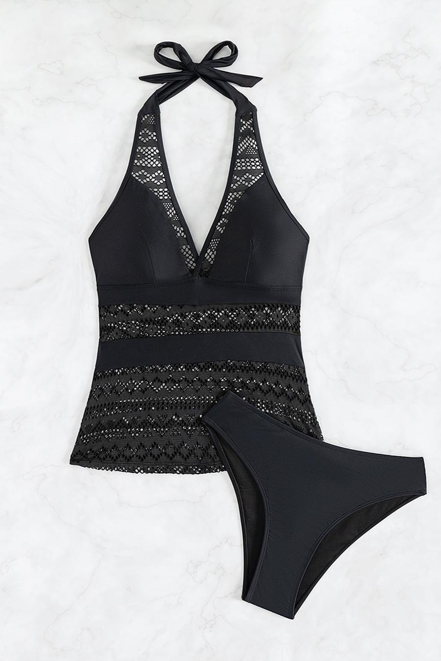 Lace Stitching Padded Halter-Neck Lace-up Tankini Set