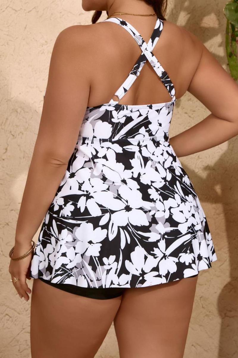 Plus Size Floral Printing Padded Backless Cross Sling Tankini Set