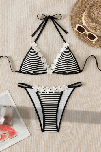 Black and White Striped Bikini With Floral Accent (Mix or Match Sizes for Top and Bottom)