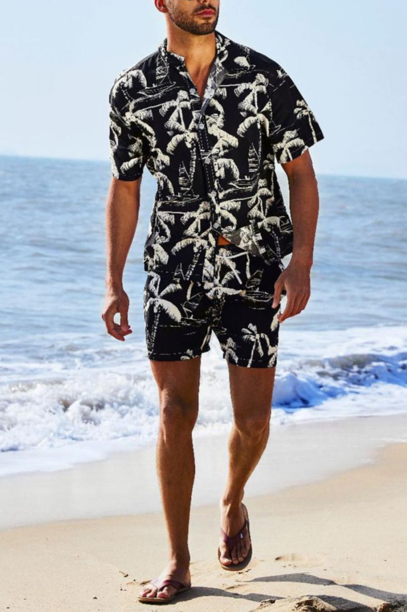 Men's Two Piece Black Coconut Print Swim Trunks with Matching Top