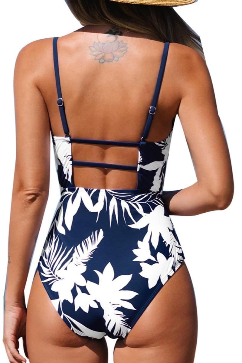 Dark Blue Floral Print One Piece