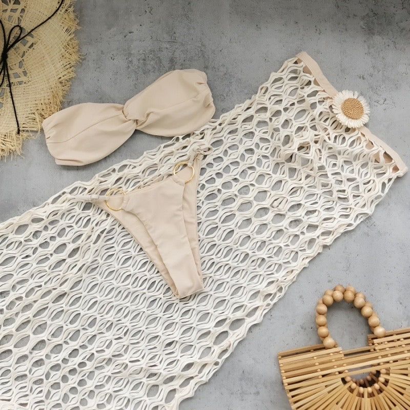 Elegant 3 Piece Bandeau Bikini with Matching Cover-up