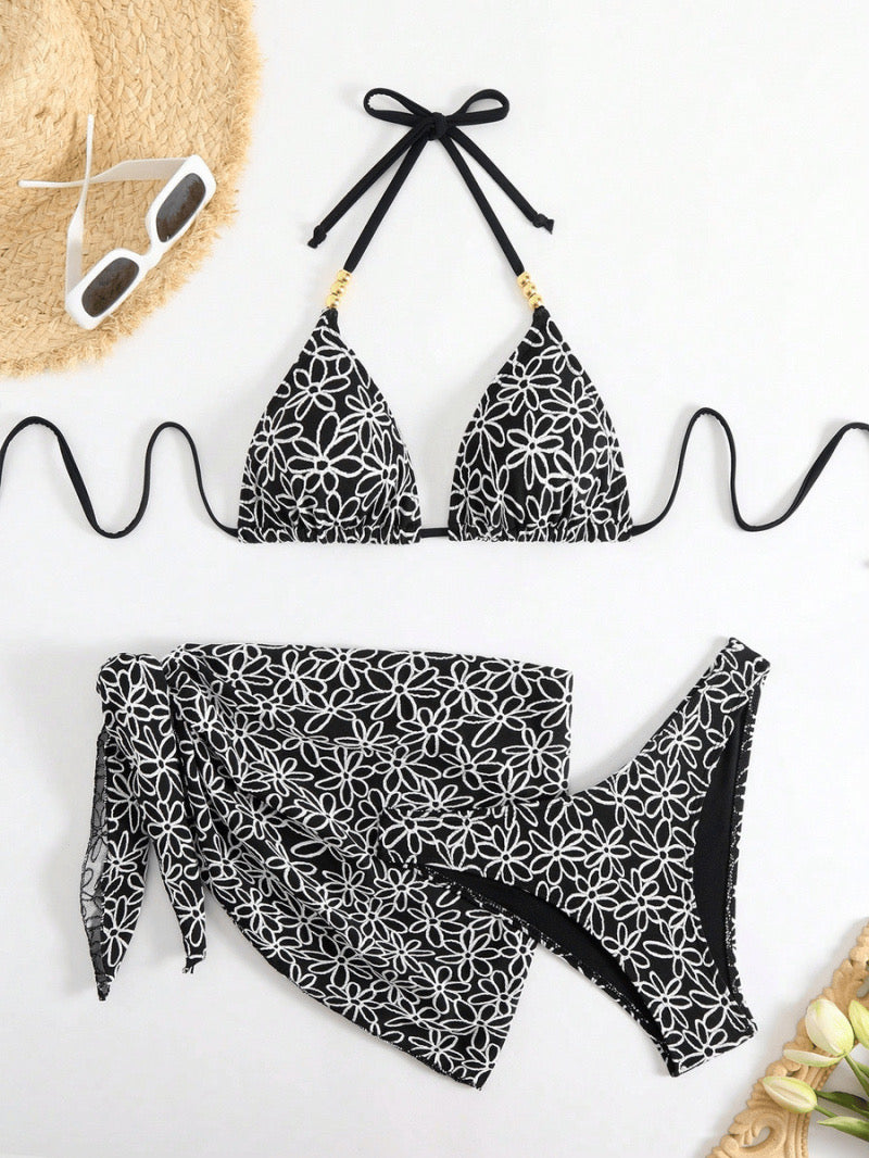 Jacquard Print Three Piece Bikini