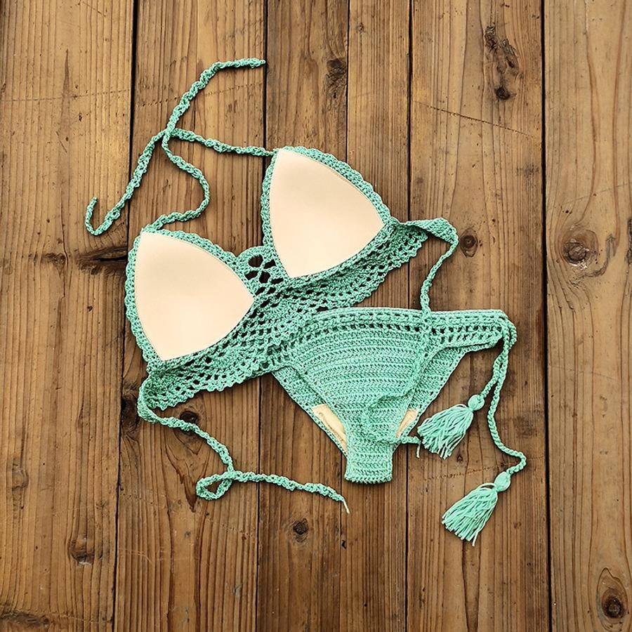 Cut Out Crochet Halter-Neck Bikini