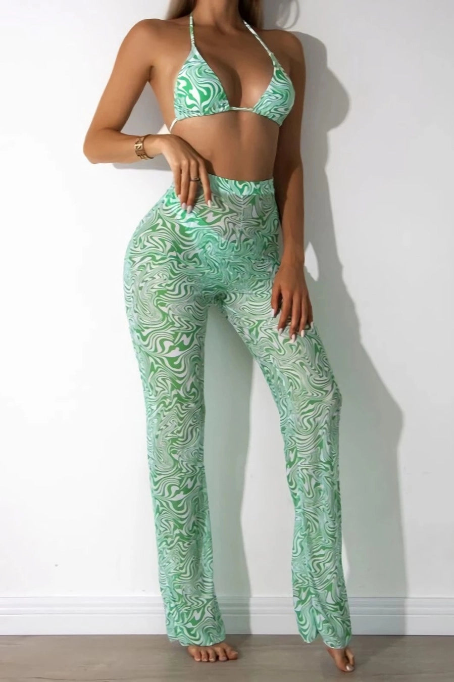 Green & White Print Halter Style Bikini with Mesh Matching Pants