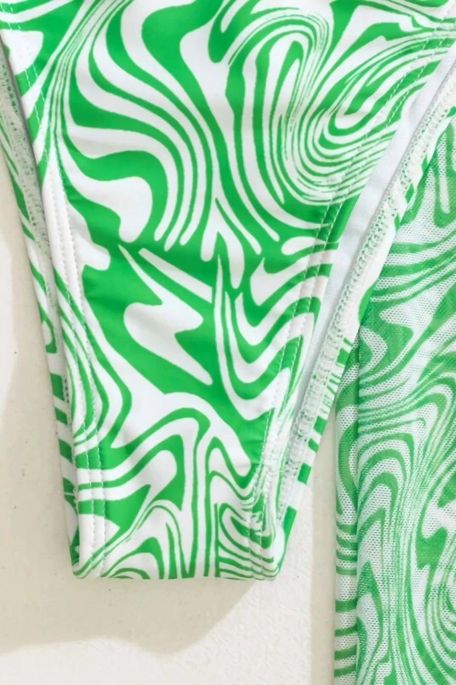 Green & White Print Halter Style Bikini with Mesh Matching Pants