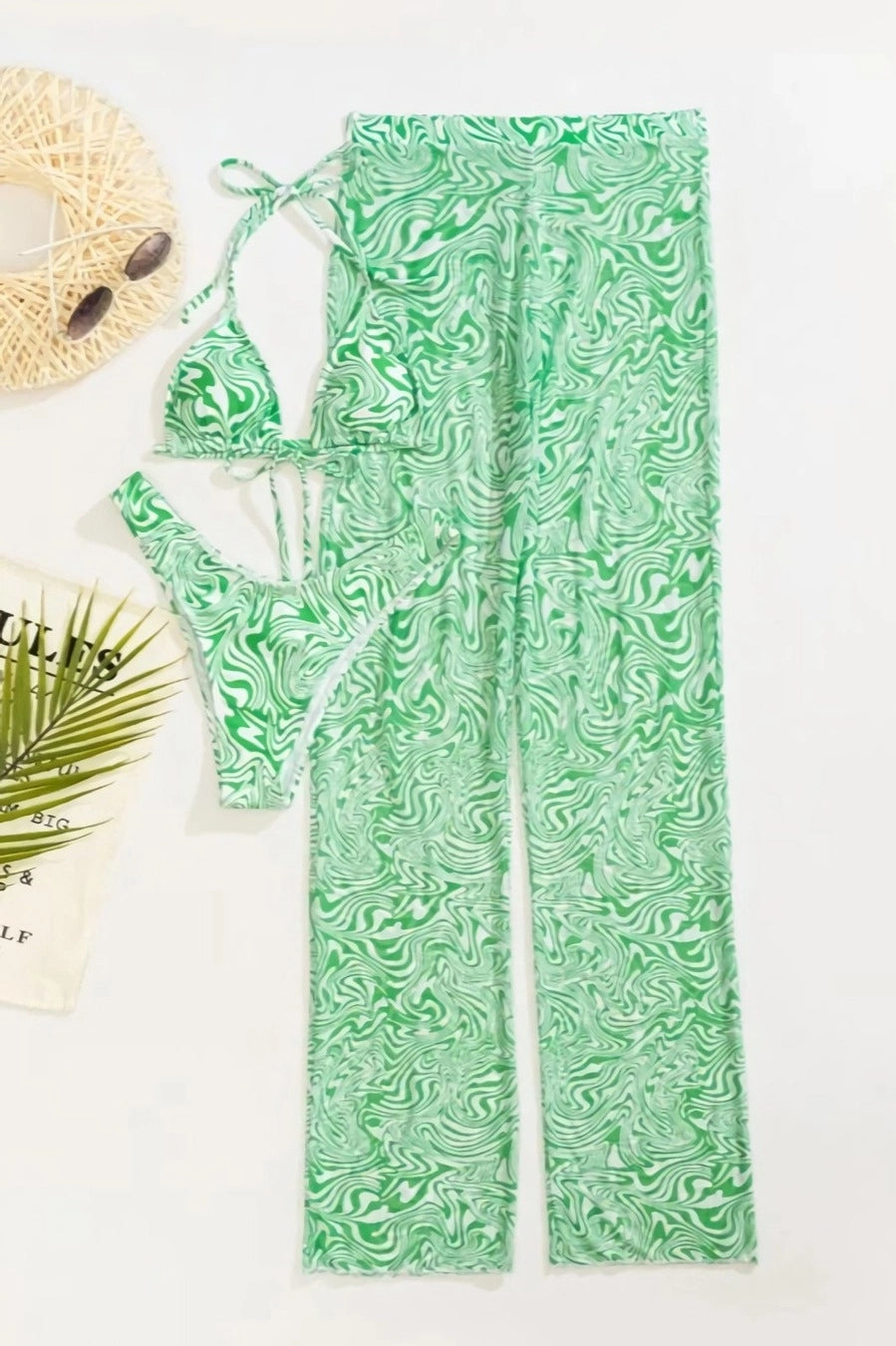 Green & White Print Halter Style Bikini with Mesh Matching Pants
