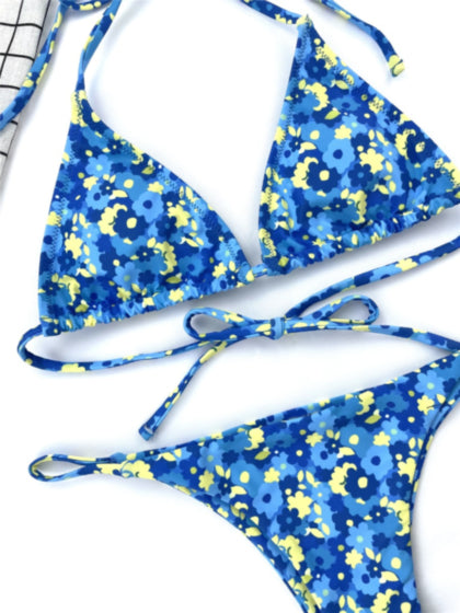 Blue Floral Thong String Bikini (Top and Bottom Sold Separately)