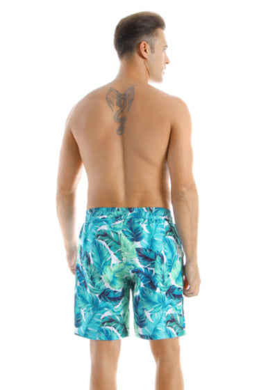 Men's Blue/Green leaves Print With Pockets Swim Trunks