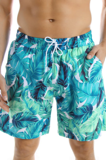 Men's Blue/Green leaves Print With Pockets Swim Trunks