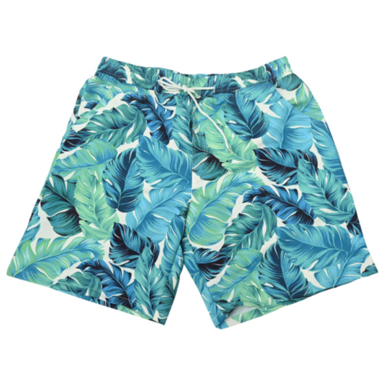 Men's Blue/Green leaves Print With Pockets Swim Trunks