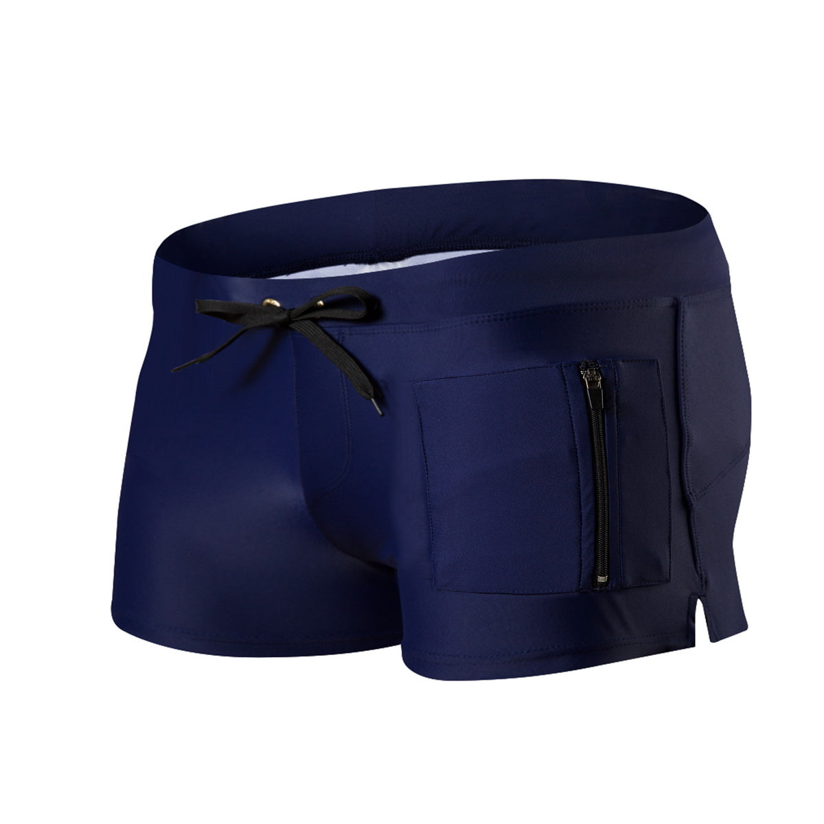 Men's Dark Blue Lace Up Swim Trunk With Flat Zip Pocket