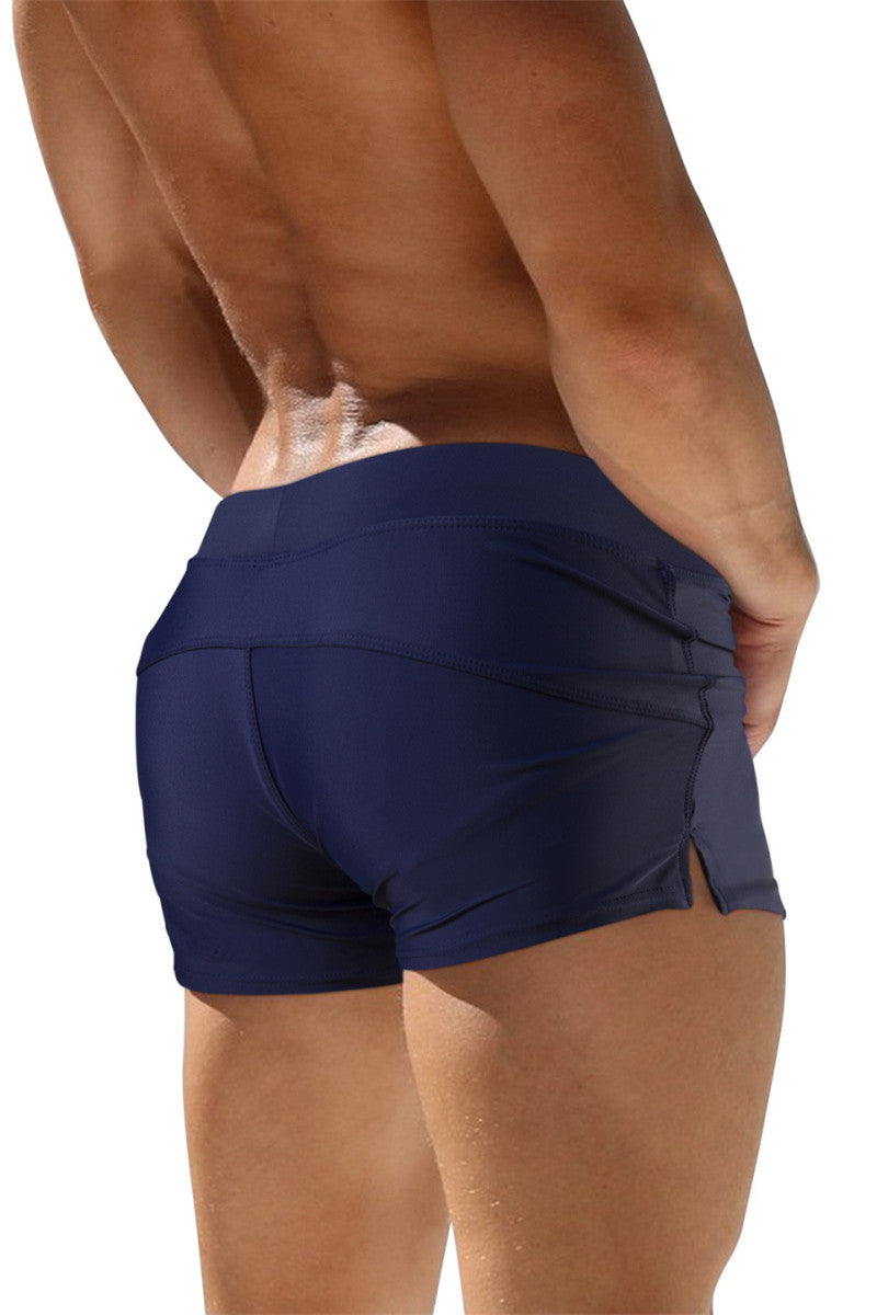 Men's Dark Blue Lace Up Swim Trunk With Flat Zip Pocket