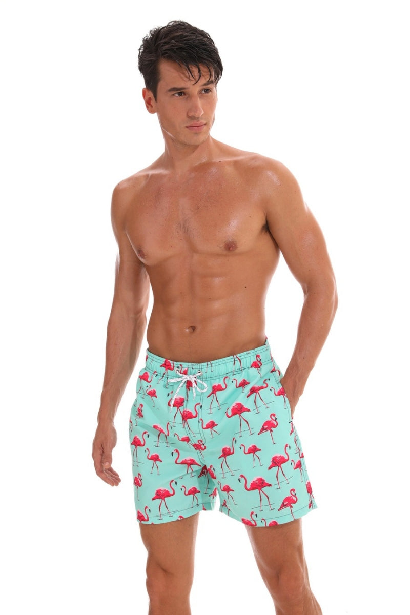 Men's Flamingo Print Swim Trunks with Draw String Waist