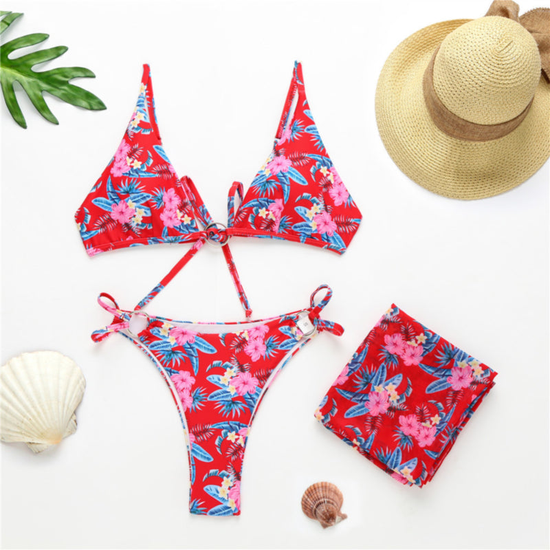 3-Piece Floral Thong Bikini With Matching Cover-up