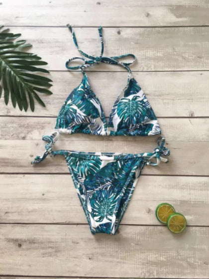 Green monstera print padded halter-neck sexy two-piece bikini (Top & Bottom Sold Separately)