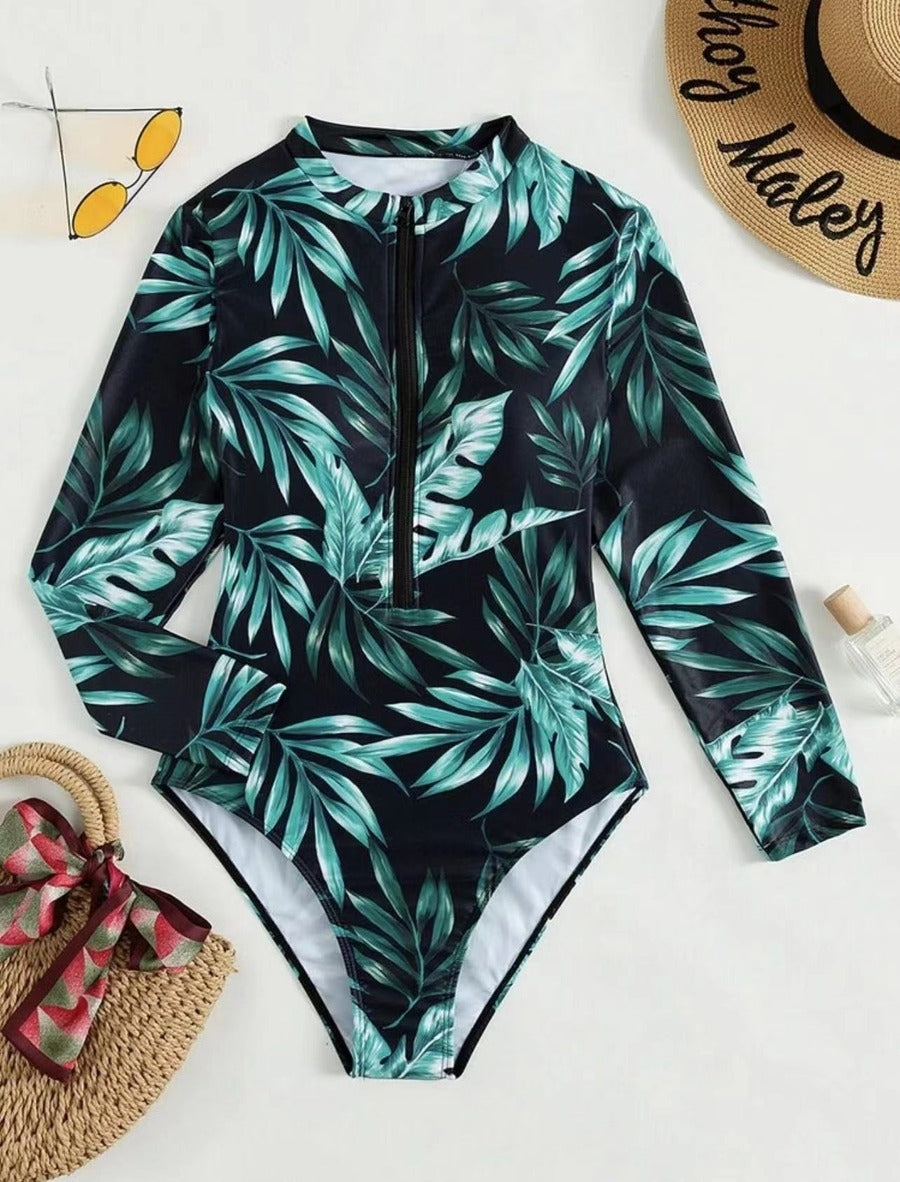 Leaf Print Zip-up Rash Guard One Piece  Swimsuit
