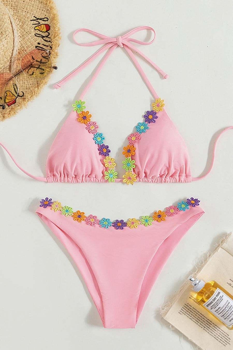 Pink Halter Style Bikini Adorned With Flowers