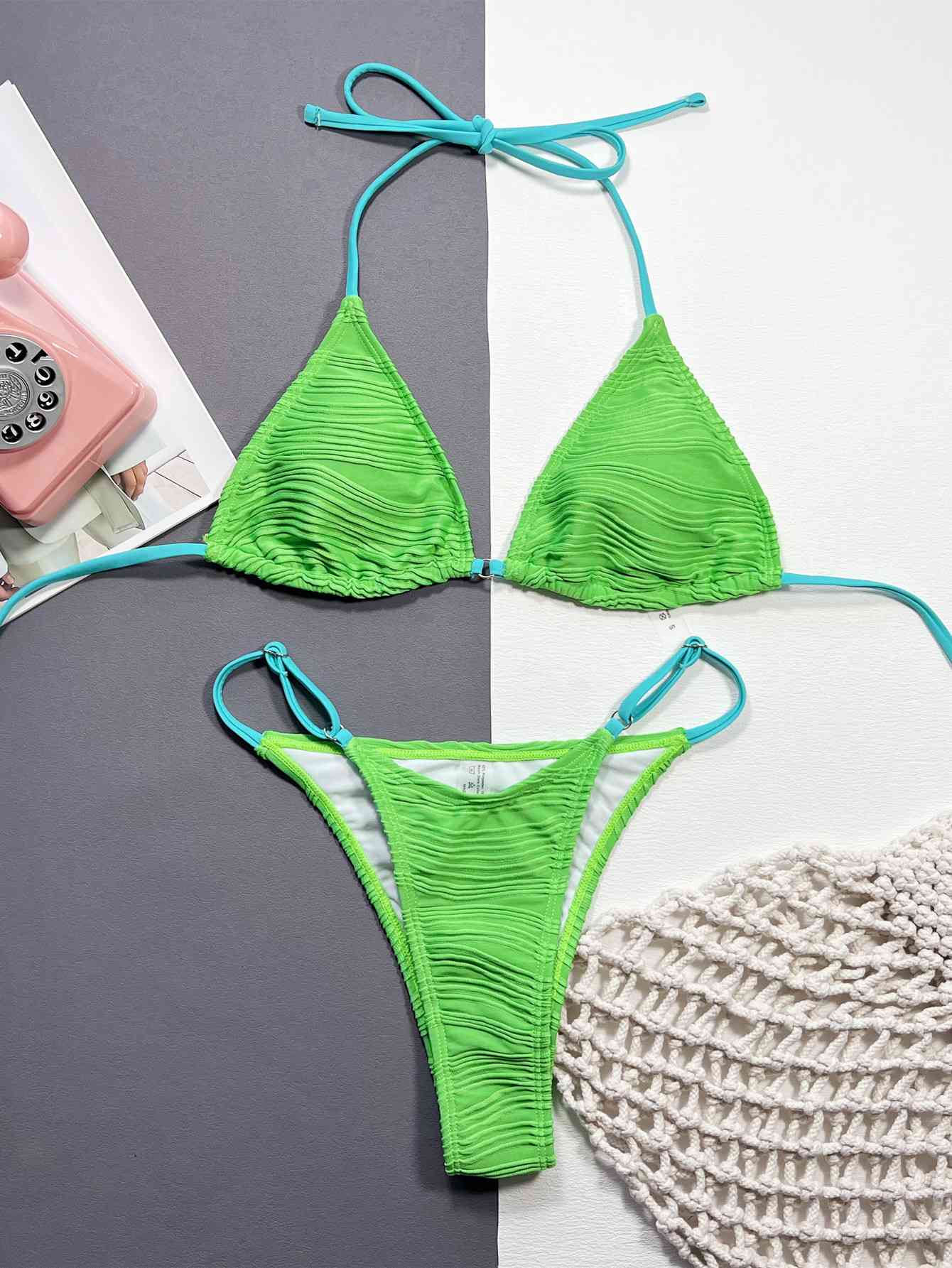 Mint Green Ribbed Halter Neck Two-Piece Bikini Set