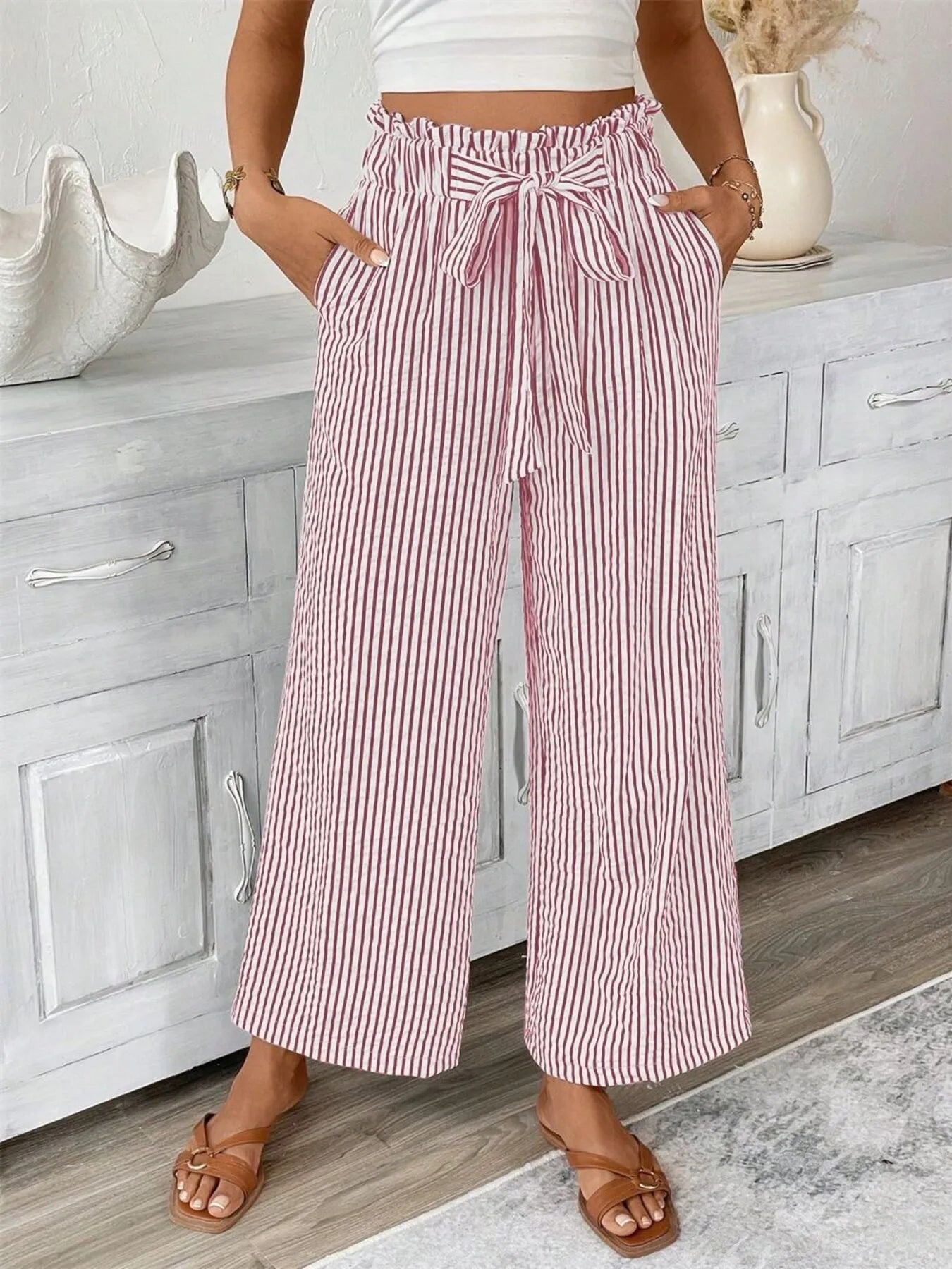 Full Size Striped Wide Leg Paper Bag Pants Plus Sizes Available