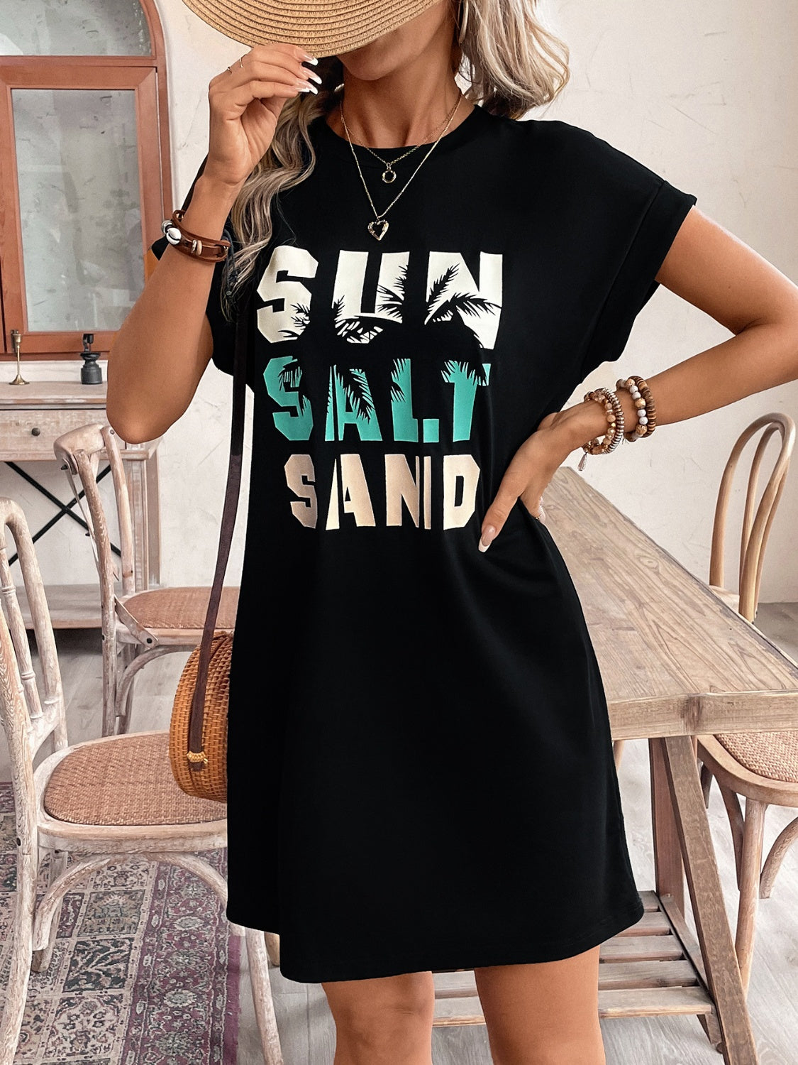 Sun Salt Sand Graphic Round Neck Short Sleeve Mini Tee Dress