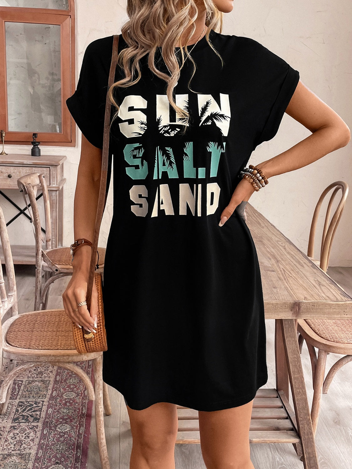 Sun Salt Sand Graphic Round Neck Short Sleeve Mini Tee Dress