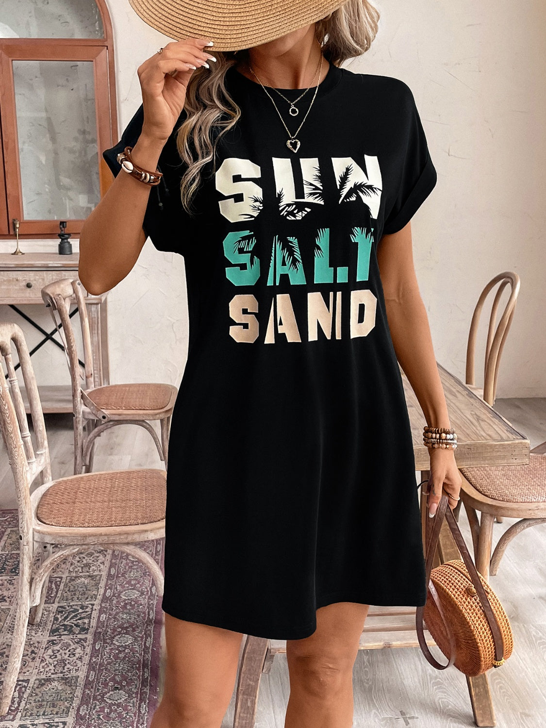 Sun Salt Sand Graphic Round Neck Short Sleeve Mini Tee Dress