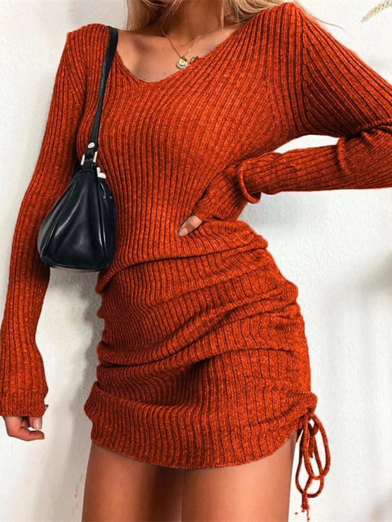 Full Size Ribbed Knit Drawstring Bodycon Sweater Dress  Available in Plus Sizes