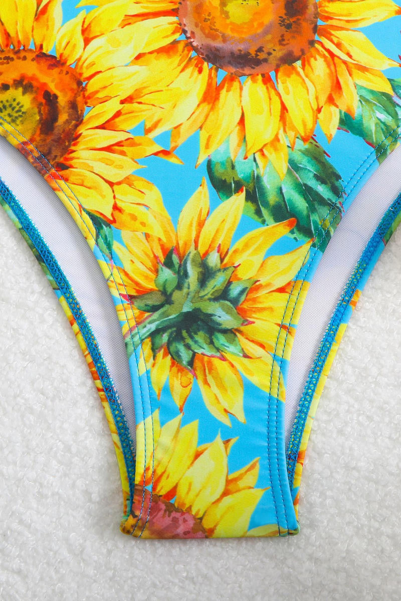 Sunflower Print One Piece Swimsuit With Matching Neck Tie
