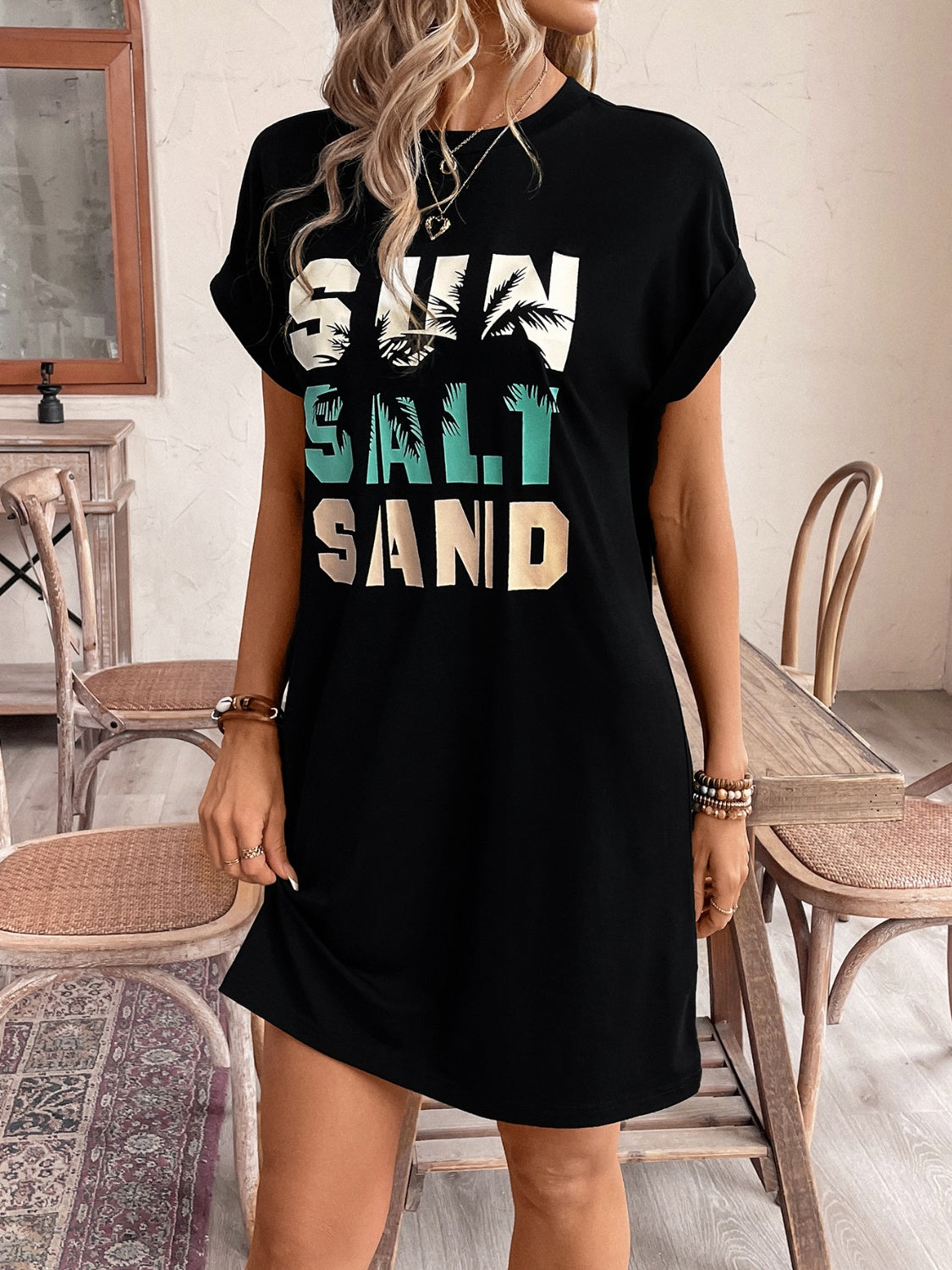 Sun Salt Sand Graphic Round Neck Short Sleeve Mini Tee Dress