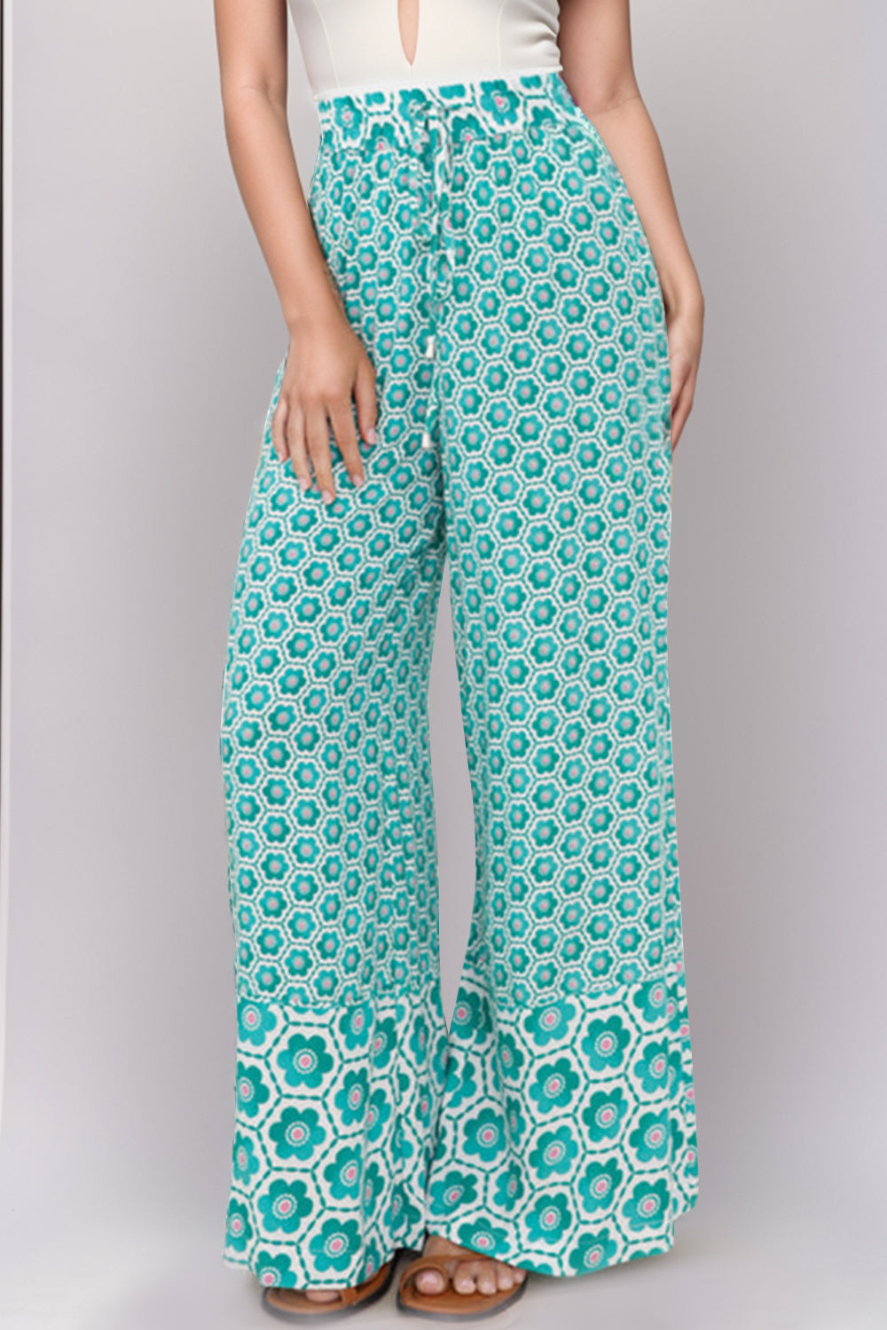 Turquoise Printed High Waist Wide Leg Pants