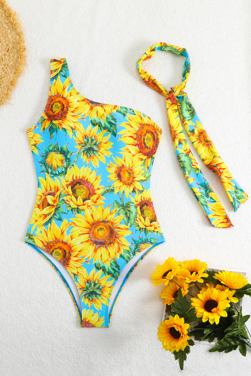 Sunflower Print One Piece Swimsuit With Matching Neck Tie