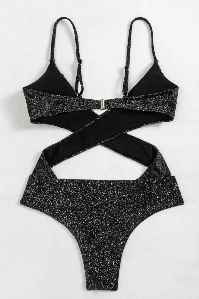 Sultry Black Glittery Criss Cross Cutout One Piece