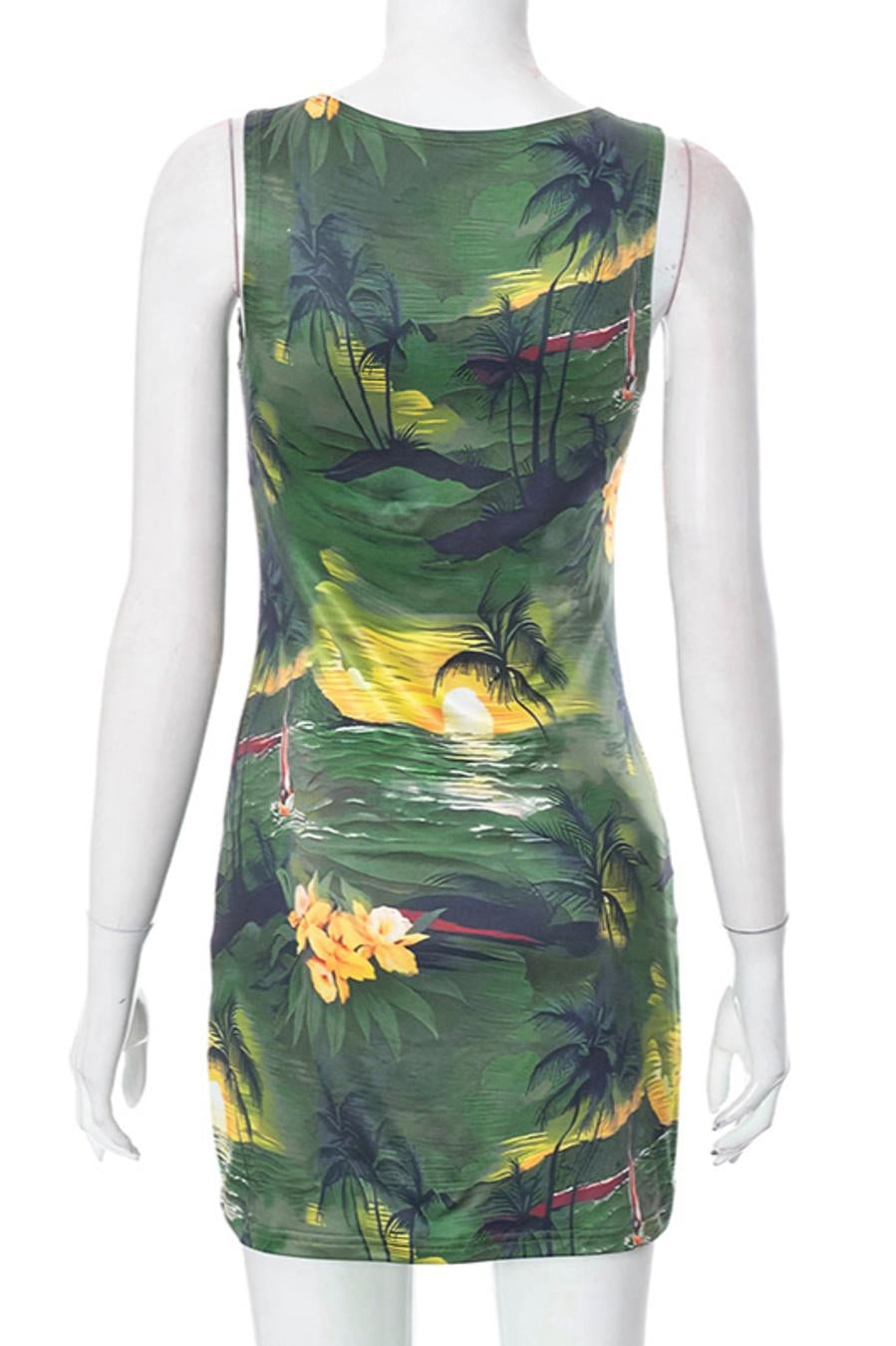 Floral and Tree Palm Tree Print Bodycon Dress