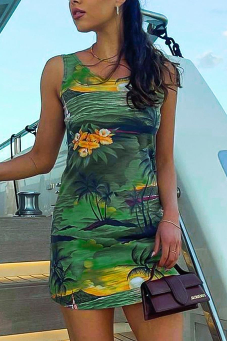 Floral and Tree Palm Tree Print Bodycon Dress