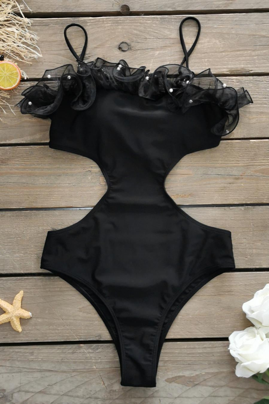 Mesh Stitching Ruffle Padded Hollow Pearl Decor One Piece Swimsuit