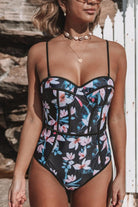 Black and Floral Underwire with Padding One Piece Swimsuit