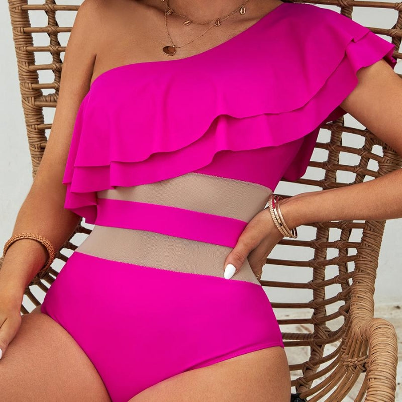 Pink One Shoulder with Ruffle One-Piece Swimsuit