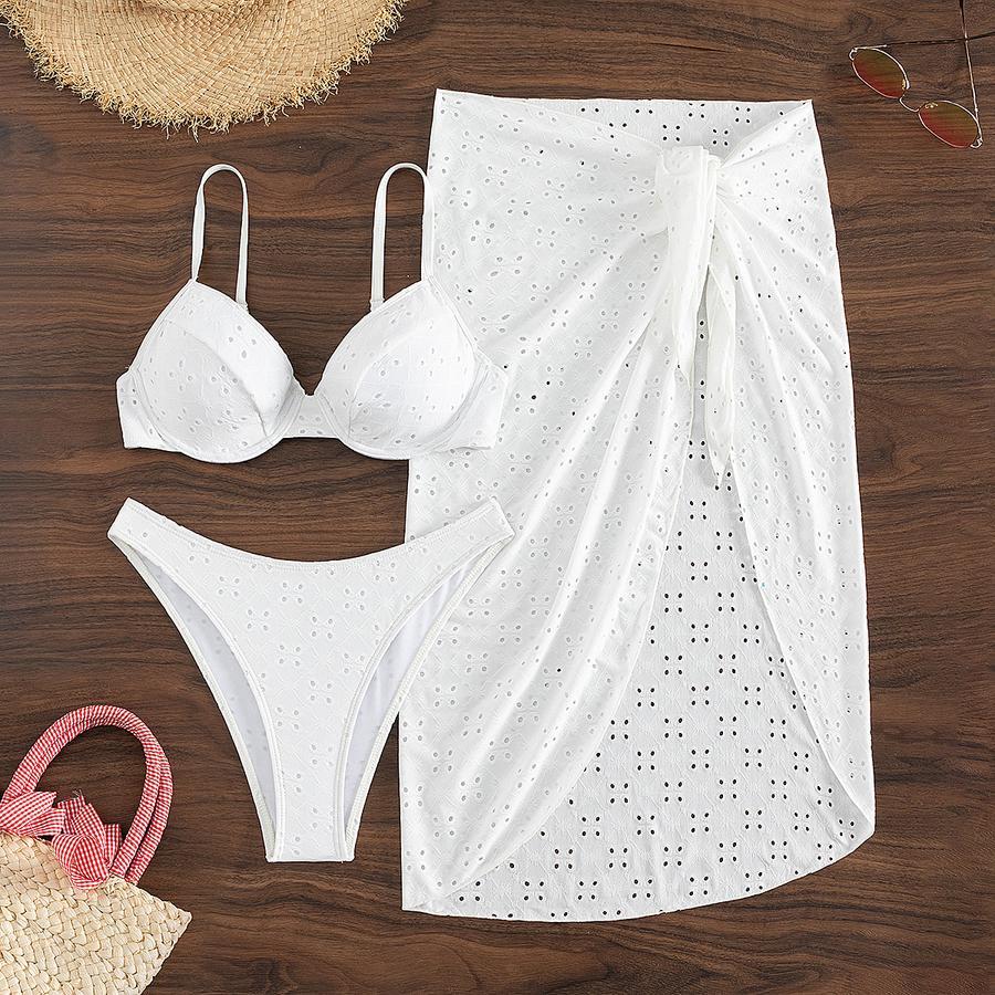 White Eyelet 3 Piece Bikini with Matching Cover-up Sarong