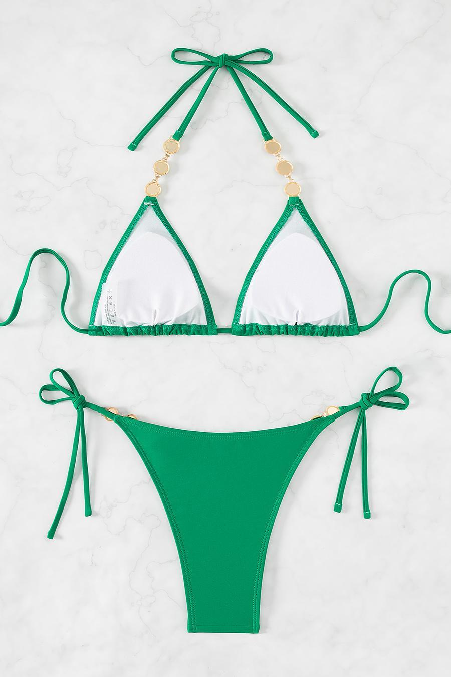Green Halter Style Bikini with Rhinestones On Top and Bottoms