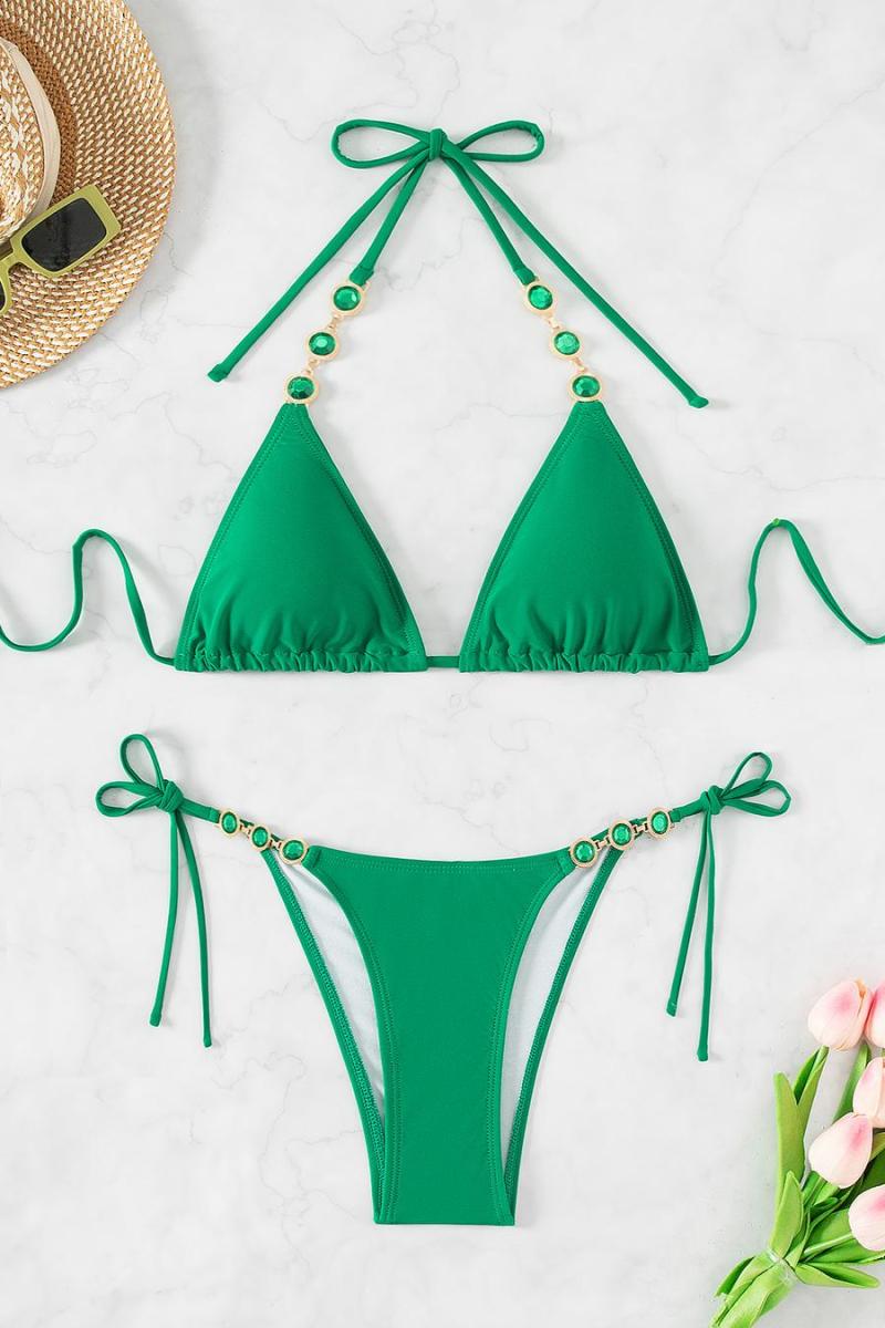 Green Halter Style Bikini with Rhinestones On Top and Bottoms