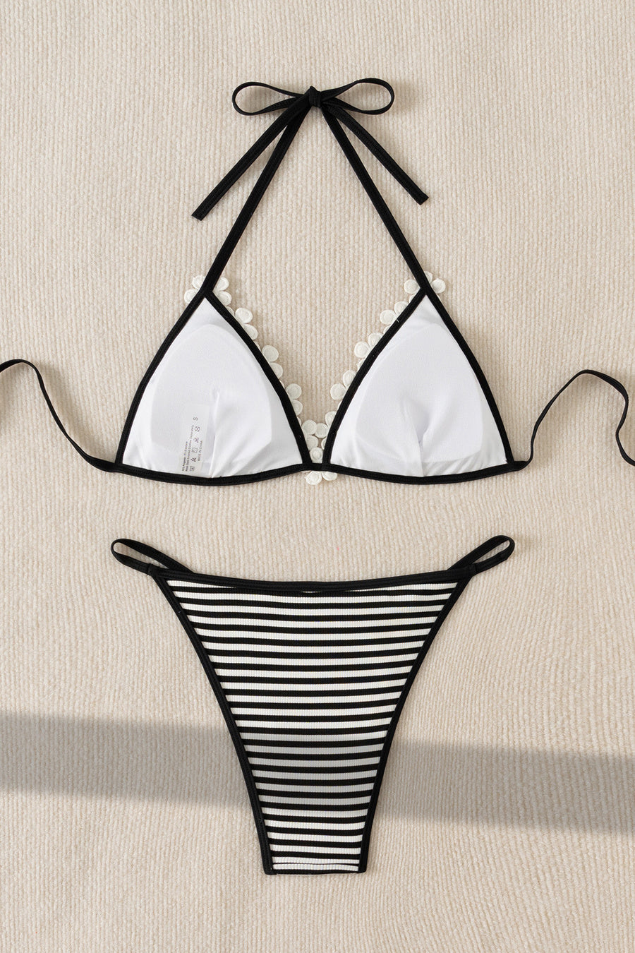 Black and White Striped Bikini With Floral Accent (Mix or Match Sizes for Top and Bottom)