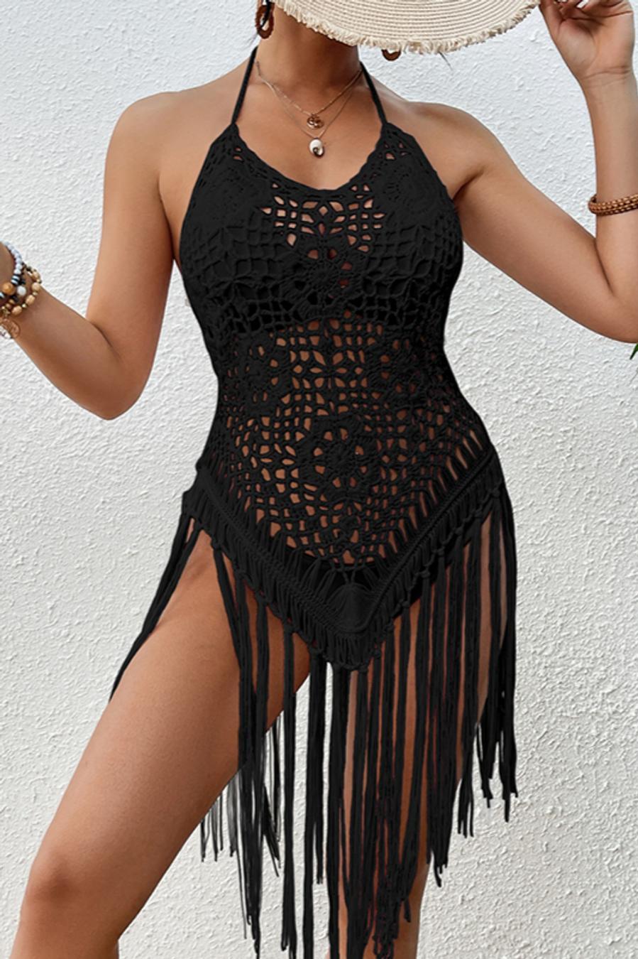 Halter Style Crochet Coverup  With Cut-Outs and Tassels   (5 Colors)