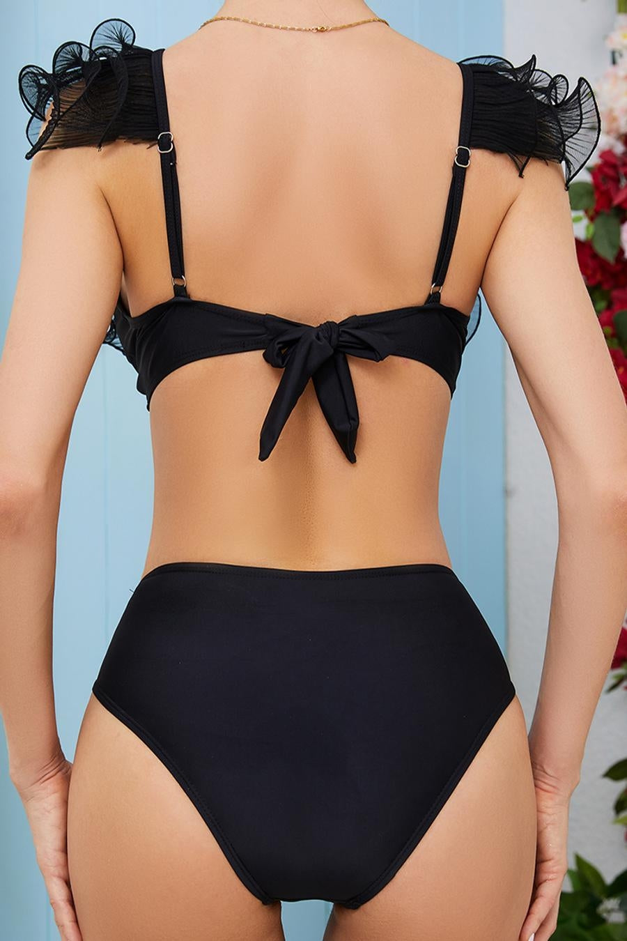 Mesh Ruffle Padded Black Bikini