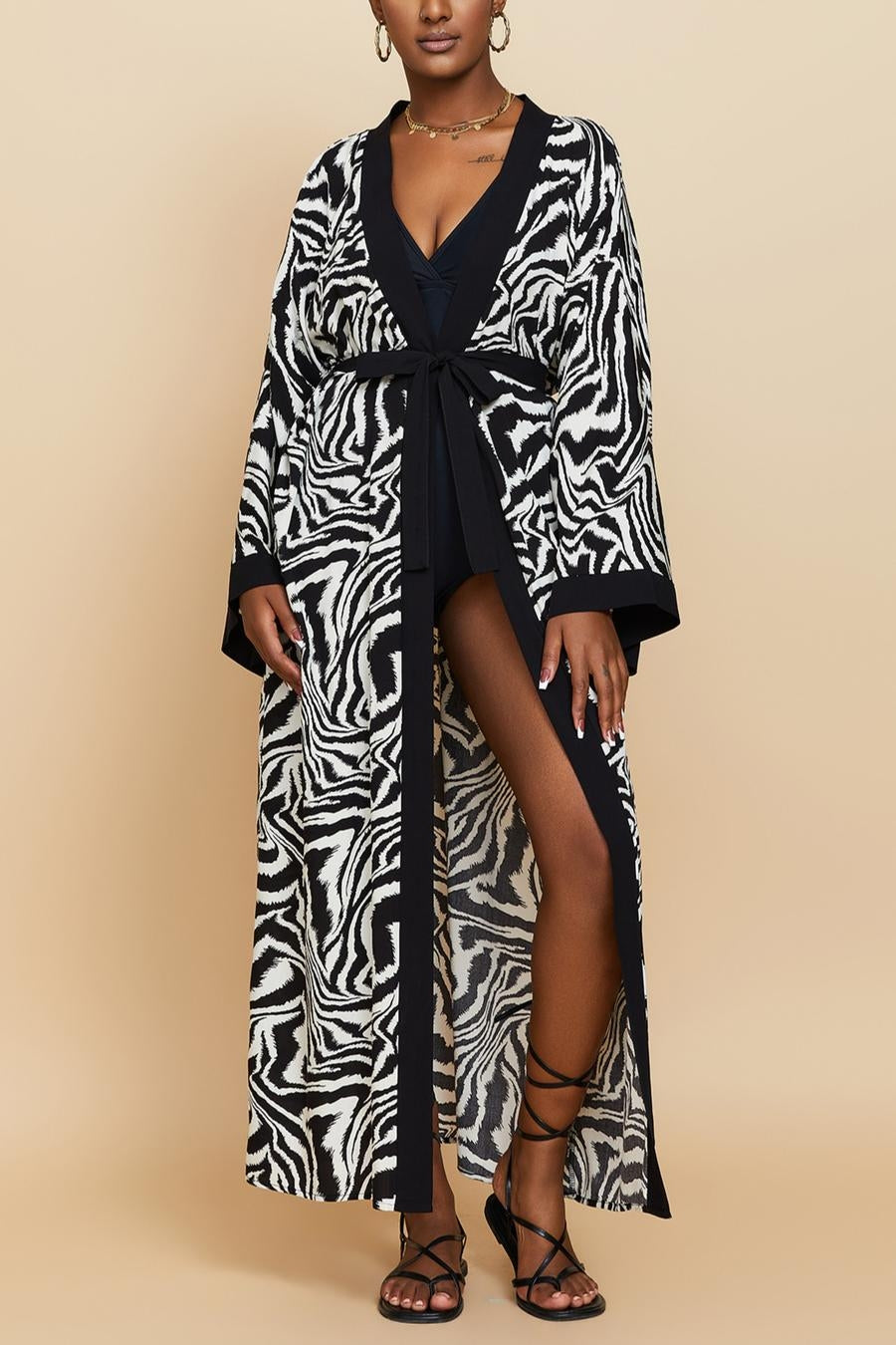 Zebra Print Kimono With Belt -Sold in Black, Blue And Yellow (One Size)