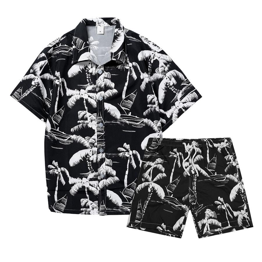 Men's Two Piece Black Coconut Print Swim Trunks with Matching Top