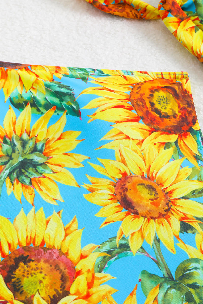 Sunflower Print One Piece Swimsuit With Matching Neck Tie